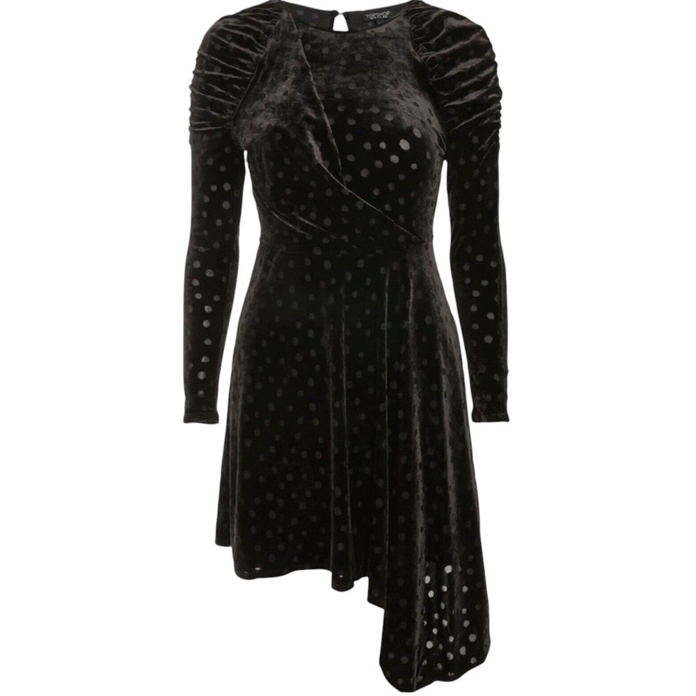 TOPSHOP Black Burnout Velvet Polka Dot Long Sleeve Dress size 6 Cocktail NWT